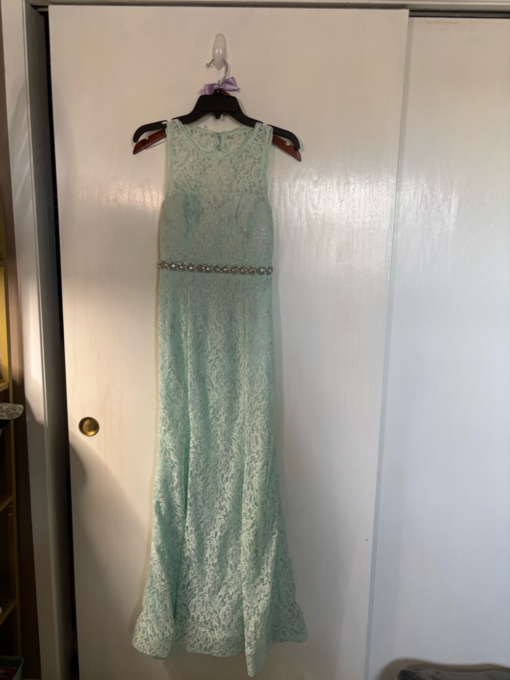 Sequin Hearts light teal Lace Prom Gown with Jeweled Waist